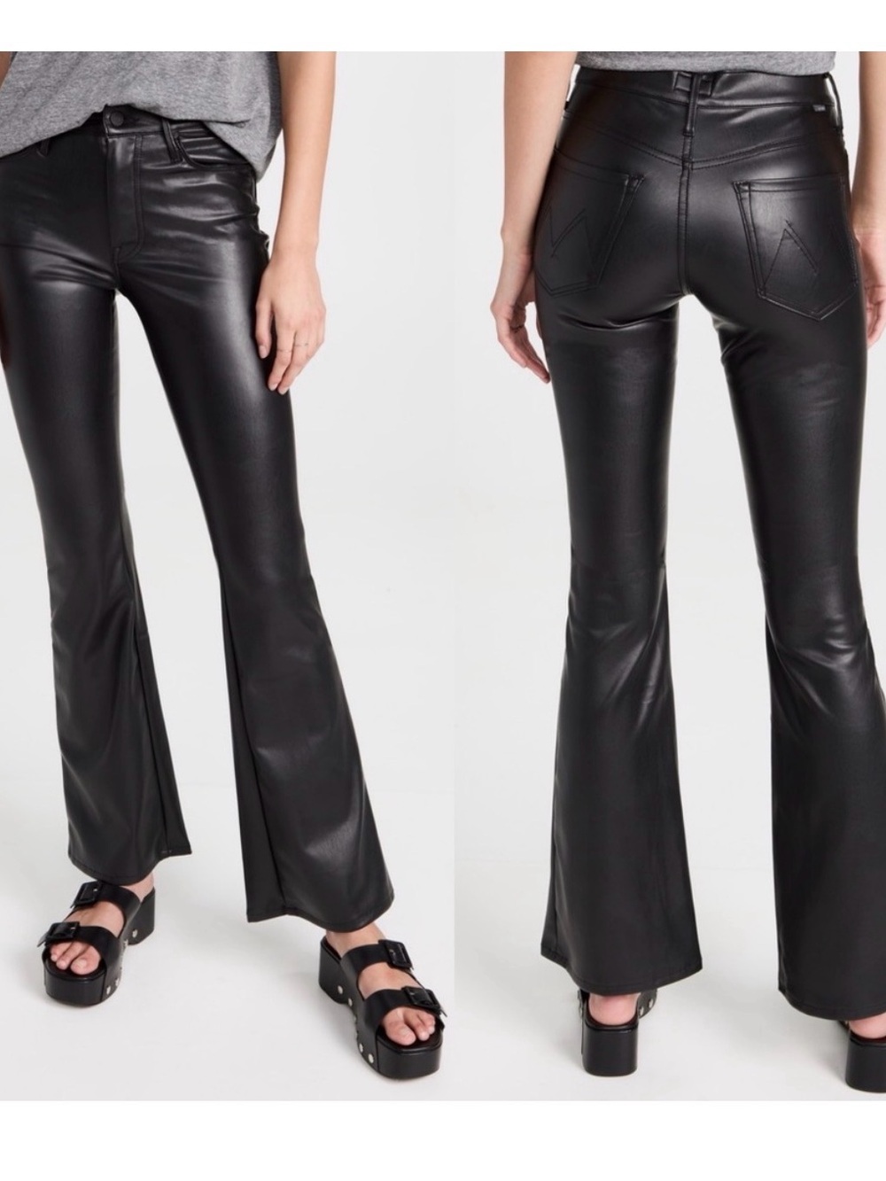 MOTHER The Weekender Heel Jeans Black Flared Leather Pants Wax On Wax Off 27
